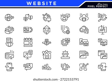 Website line icon collection. Connection network, data center, digital service, database platform, Code, api, programmer coding, app, flow vector outline icon set