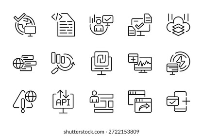 Coleção de ícones da linha do site. Conexão de rede, data center, serviço digital, plataforma de banco de dados, código, api, codificação de programador, aplicativo, conjunto de ícones de contorno de vetor de fluxo