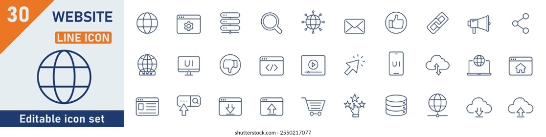 Conjunto de iconos de línea de Sitio web. Conjunto de 30 iconos de esquema relacionados con la página de Web, página de inicio, servidor, red, Internet, búsqueda y otros. Trazo editable. Ilustración vectorial.