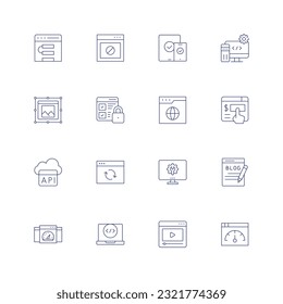 Website line icon set. Editable stroke. Thin line icon. Containing web, responsive, software, web design, web security, website, online donation, api, update, settings, blog, web optimization, coding.