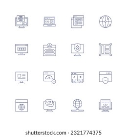 Website line icon set. Editable stroke. Thin line icon. Containing internet browser, web coding, blogging, network, website, log in, firewall, layout, content, fast, testing, web security, global.