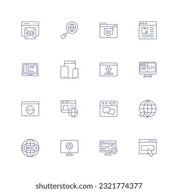 Website line icon set. Editable stroke. Thin line icon. Containing view, internet, message, website, software development, responsive design, error, coding, api, forum, online, semantic web.