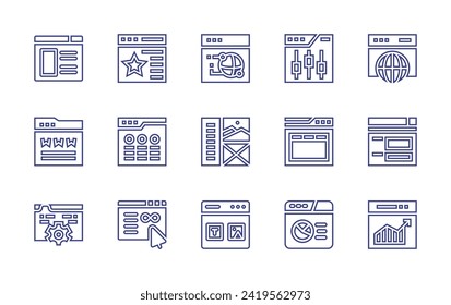 Symbol der Website-Linie gesetzt. Bearbeitbarer Strich. Vektorgrafik. Enthält Web, Design, weltweit Web, Einstellungen, Seite, Website, Web-Wartung, Verkehr.