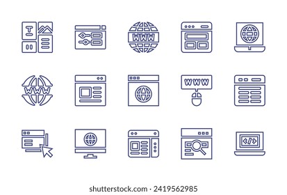 Website line icon set. Editable stroke. Vector illustration. Containing internet, layout, worldwide, website, settings, web, www, web design, computing, coding, screen.