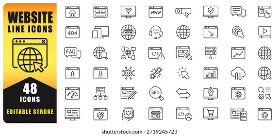 Symbolsatz für die Websitelinie mit sauberen, bearbeitbaren Strichsymbolen für Webdesign, Entwicklung, UI UX, SEO, Hosting, Analytics, Navigation und Online-Dienste. Perfekt für moderne digitale Projekte. Isolierte Vektorsymbole