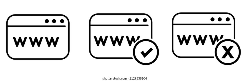 website line icon. Web page with WWW and check mark in circle vector outline sign