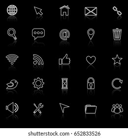 Website line icons with reflect on black background, stock vector