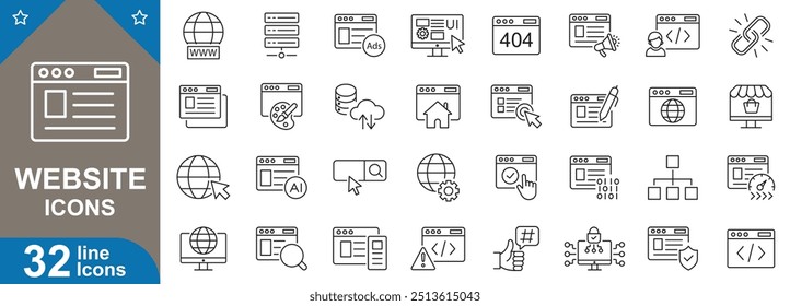 Conjunto de ícones de linha do site. Minimalista, otimizado, nuvem, usuário, alta, velocidade, servidor, domínio, backup e muito mais. ilustrador de vetor.
