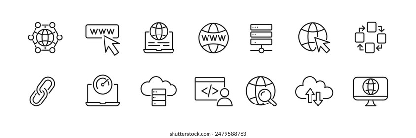 Website line icons set. Web content, hosting, network, internet, server. Vector illustration.