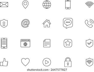 Website Line Icons. Universal Line Art Icon. communication methods, security measures,
navigation tools. Editable Stroke