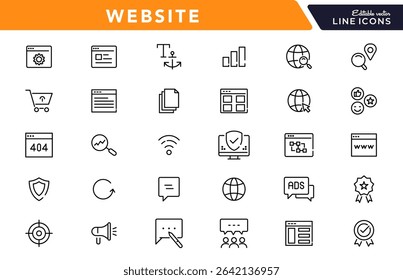 Conjunto de ícones lineares do site. SEO, internet, web design, hospedagem, servidor, homepage, e-commerce, pesquisa, homepages, mídia, web, contato, conjunto de ícones de vetor de contorno. Pacote de ícones de linha fina da interface do usuário.