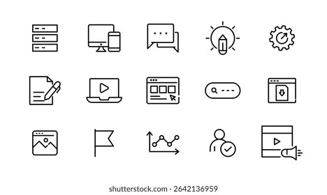 Website linear icon set. SEO, internet, web design, hosting, server, homepage, e-commerce, search, homepages, media, web, contact, outline vector icon set. UI thin line icon pack.