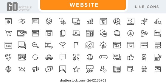 Conjunto de ícones lineares do site. SEO, internet, web design, hospedagem, servidor, homepage, e-commerce, pesquisa, homepages, mídia, web, contato, conjunto de ícones de vetor de contorno. Pacote de ícones de linha fina da interface do usuário.