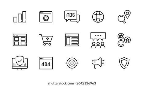 Conjunto de ícones lineares do site. SEO, internet, web design, hospedagem, servidor, homepage, e-commerce, pesquisa, homepages, mídia, web, contato, conjunto de ícones de vetor de contorno. Pacote de ícones de linha fina da interface do usuário.