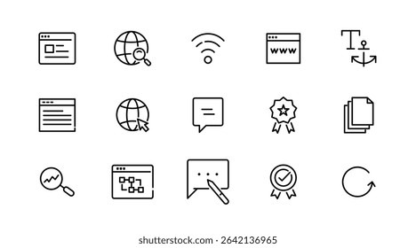 Website linear icon set. SEO, internet, web design, hosting, server, homepage, e-commerce, search, homepages, media, web, contact, outline vector icon set. UI thin line icon pack.