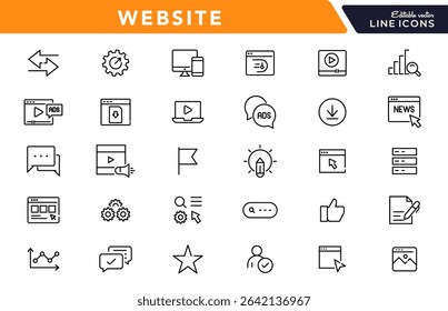 Website linear icon set. SEO, internet, web design, hosting, server, homepage, e-commerce, search, homepages, media, web, contact, outline vector icon set. UI thin line icon pack.