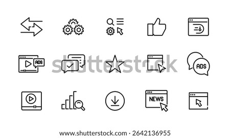 Website linear icon set. SEO, internet, web design, hosting, server, homepage, e-commerce, search, homepages, media, web, contact, outline vector icon set. UI thin line icon pack.