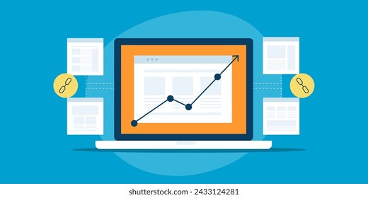 Construcción de enlaces de sitios web, Backlinks de diferentes sitios web, ranking SEO, tráfico de sitios web aumentando desde backlink - banner de ilustración vectorial con iconos