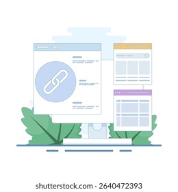 Website Link Building Concept, Link Building as Search Engine Optimization, Link Marketing and Building. hyperlink system creation, website cooperation. Flat design illustration in the background.