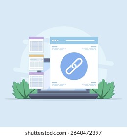 Website Link Building Concept, Link Building as Search Engine Optimization, Link Marketing and Building. hyperlink system creation, website cooperation. Flat design illustration in the background.