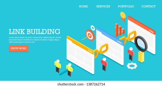 Website link building, SEO backlink, conceptual 3D, isometric flat design banner with icons and texts