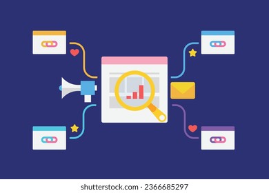 Creación de vínculos a sitios web, enlaces SEO, análisis SEO, creación de vínculos para SEO - fondo de ilustración vectorial con iconos