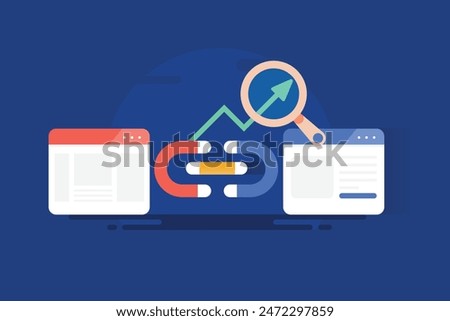 Website link building strategy, Content attracting natural links, Link building increase website traffic, SEO backlinks - vector illustration with icons