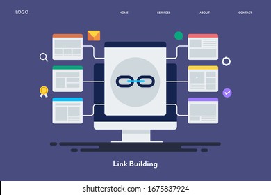 Website link building, Link building strategy, SEO Backlinks - conceptual vector illustration with icons, landing page template