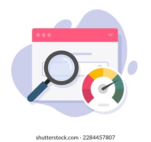 Icono de prueba de velocidad de carga del sitio web, sitio web, sitio web, análisis de verificación gráfico plano, búsqueda de vidrio de aumento revisión rápida de datos en la página de internet, explorar análisis investigación tecnología ilustración imagen