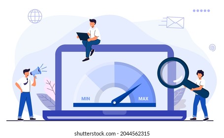 Website loading optimization Page speed and SEO Flat vector concept illustration Website speed Loading time Page optimization Speed test metering dial Slow loading of media content Signal quality