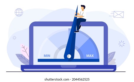 Website loading optimization Page speed and SEO Flat vector concept illustration Website speed Loading time Page optimization Speed test metering dial Slow loading of media content Signal quality