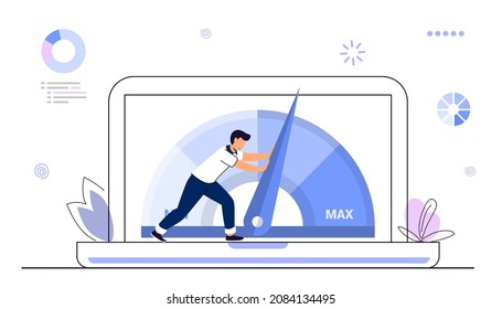 Website loading optimization Page speed and SEO Flat vector concept illustration Website speed Loading time Page optimization Speed test metering dial Slow loading of media content. Signal quality