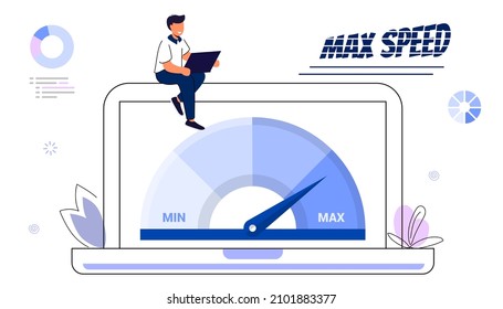 Website loading optimization Page speed and SEO Flat vector concept illustration Website speed Loading time Page optimization Speed test metering dial Slow loading of media content. Signal quality