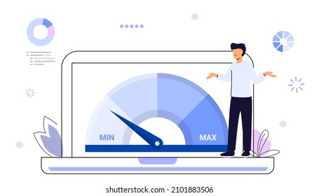 Website loading optimization Page speed and SEO Flat vector concept illustration Website speed Loading time Page optimization Speed test metering dial Slow loading of media content Signal quality