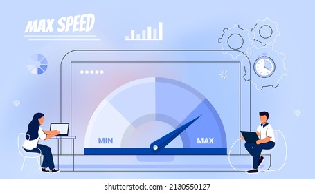 Website loading optimization Page speed and SEO Flat vector concept illustration Website speed Loading time Page optimization Speed test metering dial Slow loading of media content Signal quality