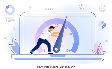 Website loading optimization Page speed and SEO Flat vector concept illustration Website speed Loading time Page optimization Speed test metering dial Slow loading of media content. Signal quality