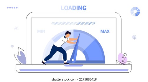 Website loading optimization Page speed and SEO Flat vector concept illustration Website speed Loading time Page optimization Speed test metering dial Slow loading of media content Signal quality