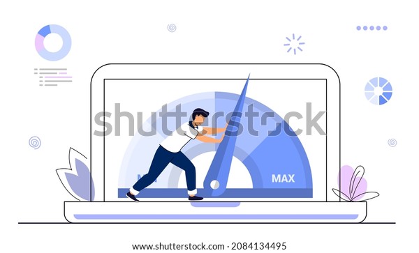 Website loading optimization Page speed and SEO\
Flat vector concept illustration Website speed Loading time Page\
optimization Speed test metering dial Slow loading of media\
content. Signal\
quality