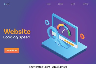 Website loading, Website page speed, Speed index, SEO speed test - 3D isometric vector landing page template with icons