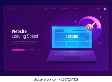 Website loading speed banner. Online test of download performance of web page. Vector landing page of internet connection optimization with illustration of laptop and speedometer on purple background