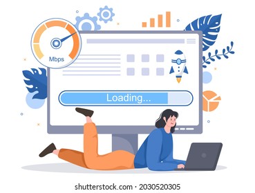Website Loading Speed Optimization With Server, Web Programming, Mobile App Development, and Page Software. Background Vector Illustration