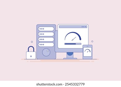 Velocidade de carregamento do site, Otimização da velocidade do servidor do site, Serviço de hospedagem na Web, Segurança do site, Hospedagem segura na Web - ilustração vetorial de linha com ícones