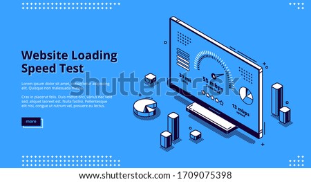 Website loading speed test banner. Fast download of web page. Vector landing page of internet loading optimization with isometric icon of speedometer on computer screen on blue background