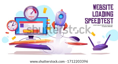 Website loading speed test banner. Internet site quick traffic optimization engine plugin testing. Computer desktop with web page, speedometer, clock, wifi router and rocket Cartoon vector poster