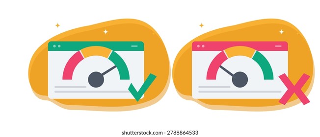 Website loading speed testing optimization concept illustration with side by side web performance speedometer interfaces showing check and cross