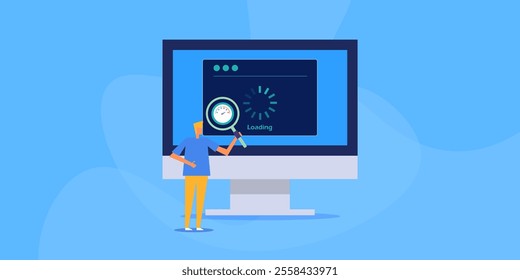 Website loading time, Page loading speed, Website loading speed checker online - vector illustration with icons