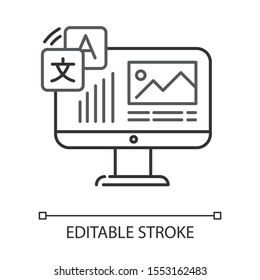 Website localization, DTP services linear icon. Website translation. Text editing, spelling correction. Thin line illustration. Contour symbol. Vector isolated outline drawing. Editable stroke