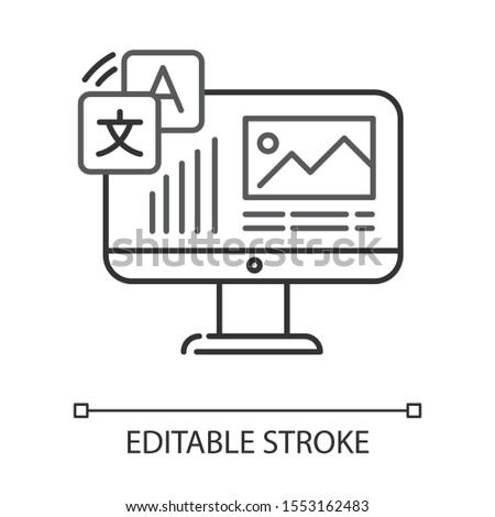 Website localization, DTP services linear icon. Website translation. Text editing, spelling correction. Thin line illustration. Contour symbol. Vector isolated outline drawing. Editable stroke