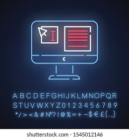 Website localization, DTP services neon light icon. Mistake correction. Document page layout. Website localization. Glowing sign with alphabet, numbers and symbols. Vector isolated illustration