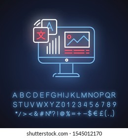 Website localization, DTP services neon light icon. Website translation. Text editing, spelling correction. Document page translator. Desktop publishing. Glowing alphabet. Vector isolated illustration
